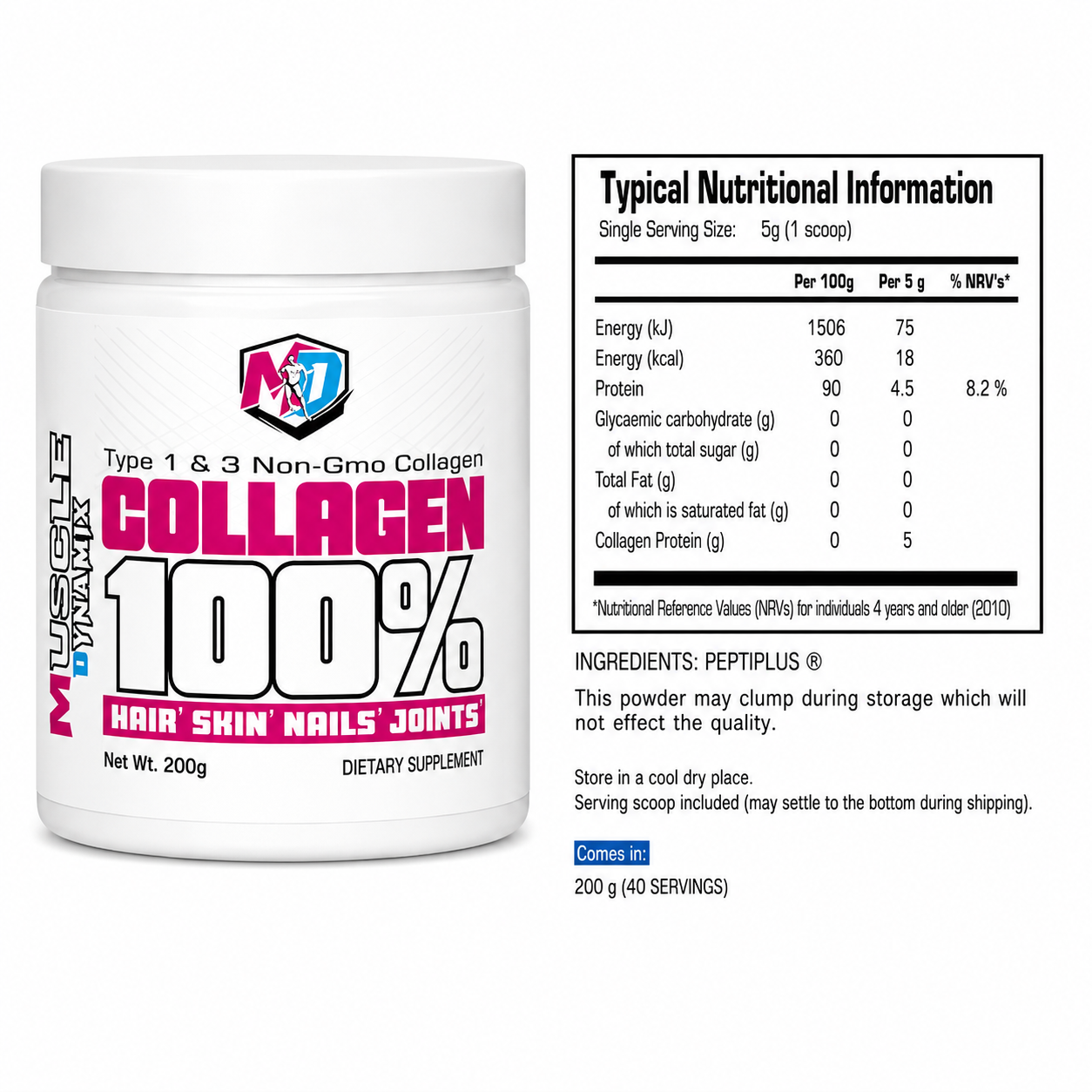 100% Collagen Peptides – Type I & III Collagen (200g)